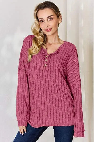 Basic Bae Full Size Ribbed Half Button Long Sleeve T-Shirt Hot Pink Women's T-Shirts - Tophatter Daily Deals